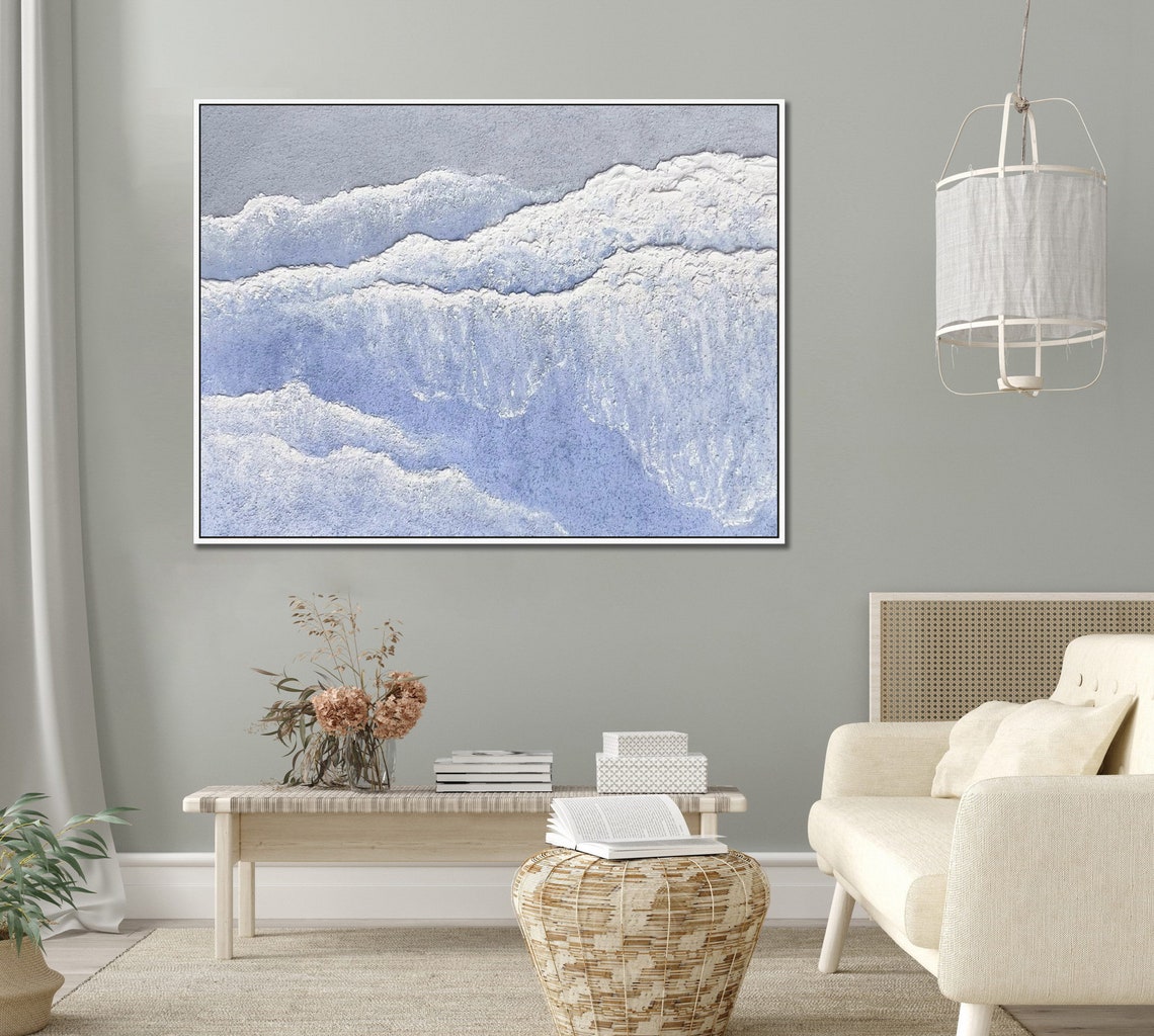 Pale Blue Ocean Waves White Foam Textured Abstract Impasto Poster - Image 4