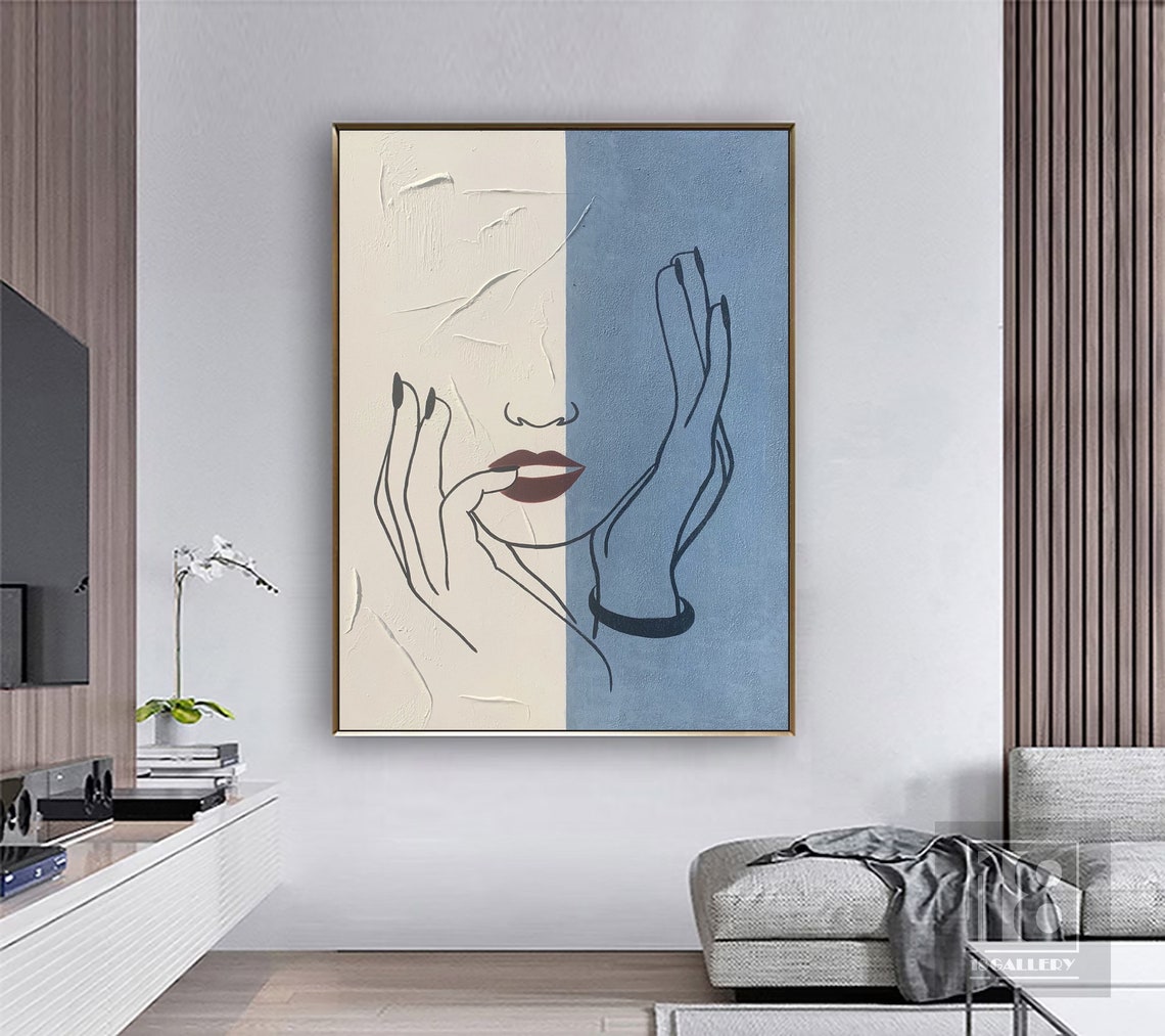 Minimalist Line Art Woman Face with Red Lips on Two Tone Blue Poster - Image 5