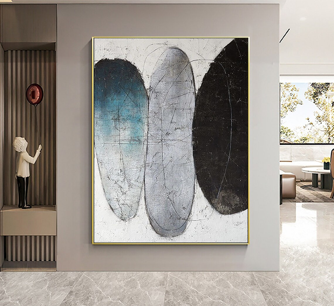 Teal Gray Black Overlapping Oval Abstract Minimalist Painting Poster - Image 4