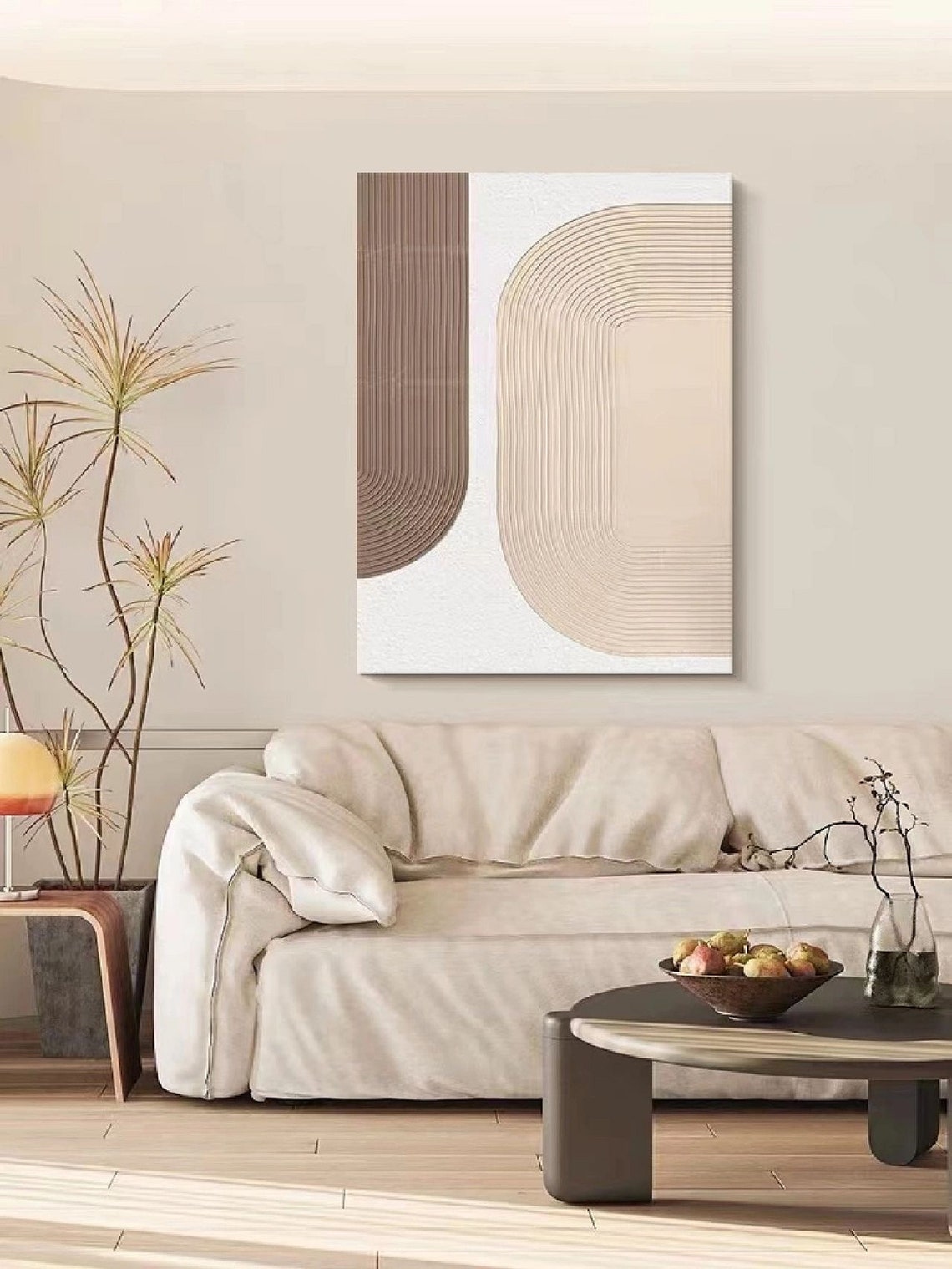 Warm Beige U Shaped Lines Mid Century Modern Twin Arch Art Poster - Image 2