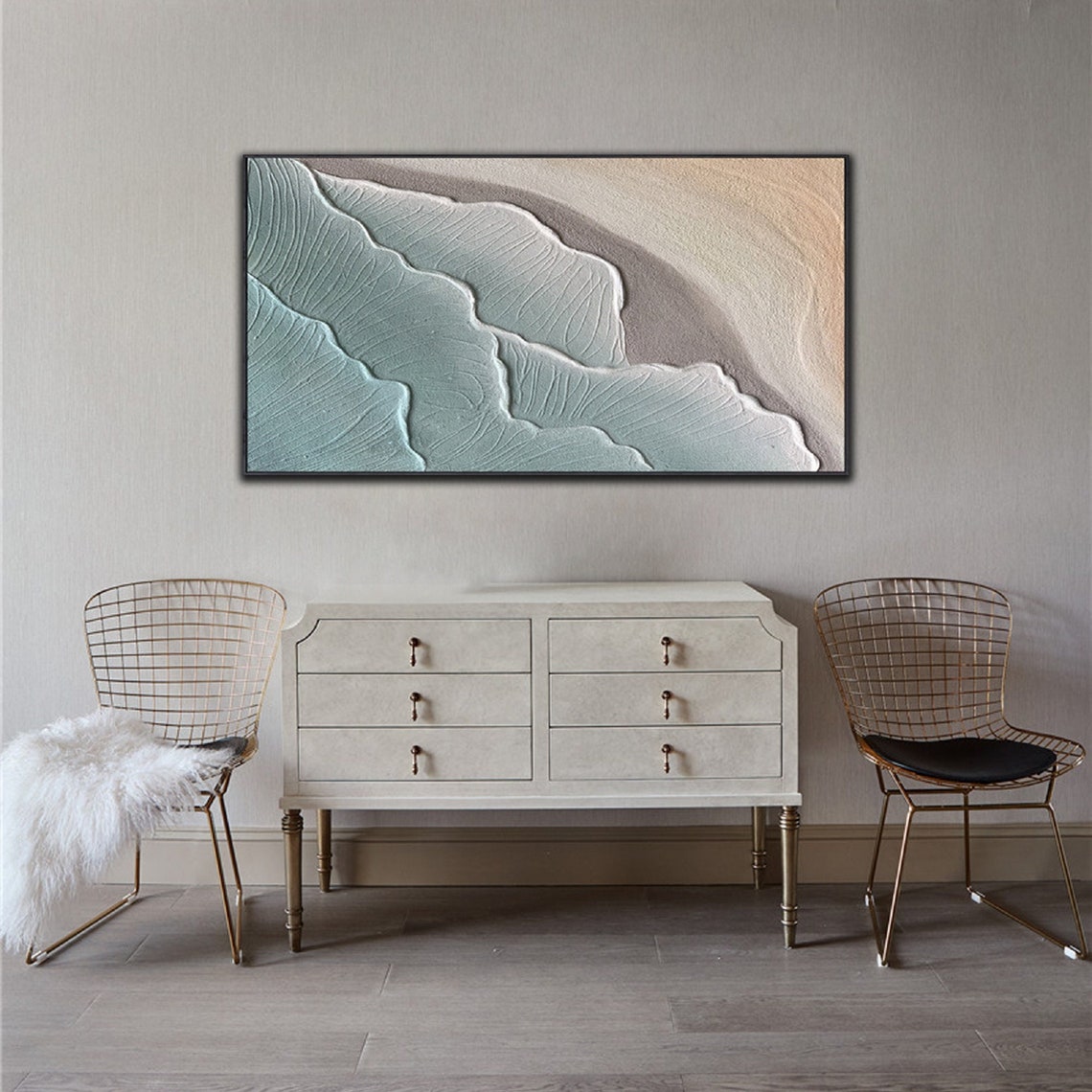 Wide Teal Wave Texture Abstract Coastal Beach Scene Decor Poster - Image 2