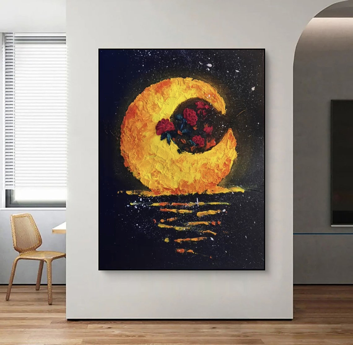 Golden Crescent Moon Roses Night Sky Textured Oil Painting Poster - Image 3