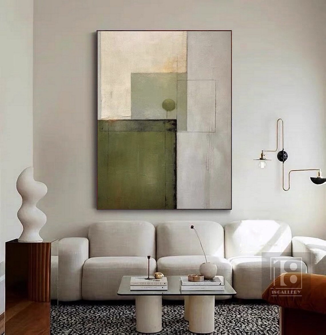 Cream Beige Olive Geometric Block Minimalist Abstract Painting Poster - Image 4