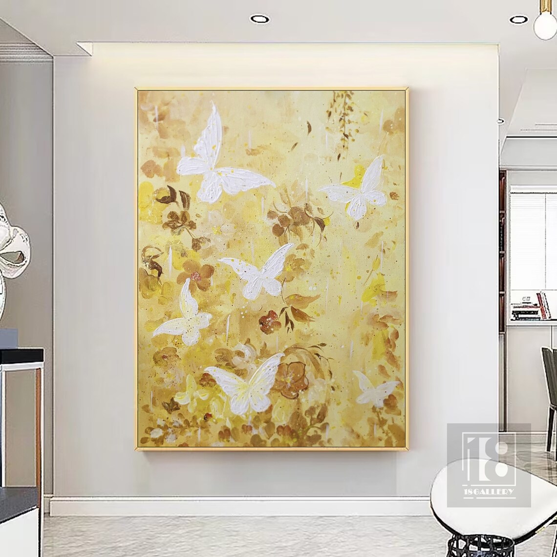 Golden Yellow Butterfly Garden Floral White Butterfly Painting Poster - Image 4