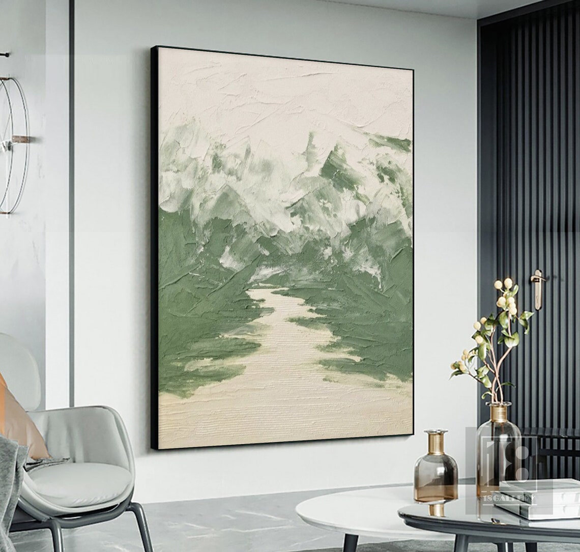Sage Green and White Brushstroke Landscape Abstract Painting Poster - Image 2
