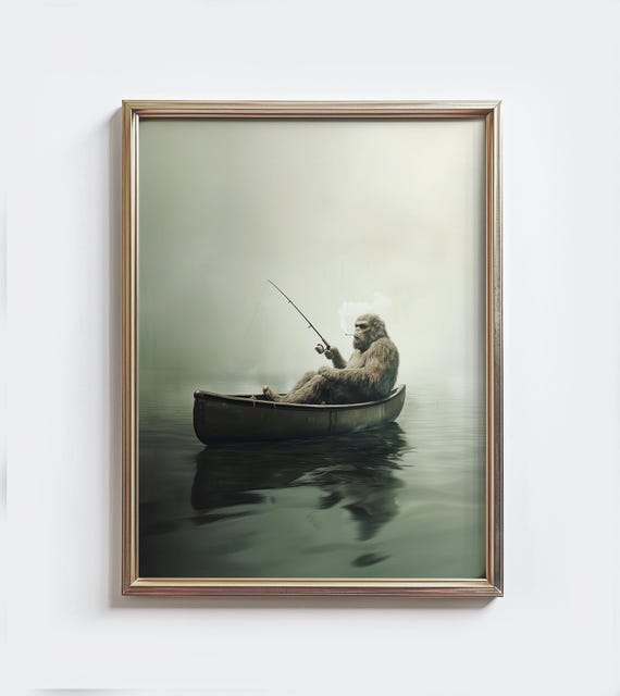 Bigfoot Fishing Lake Funny Cabin Art Print