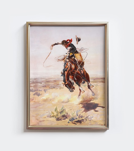 Vintage Cowboy Rodeo Art Print, Rustic Western Bronco