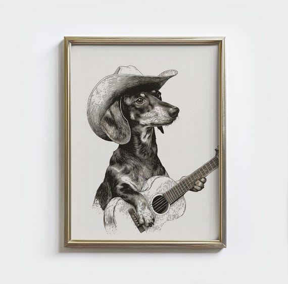 Cowboy Dachshund Playing Guitar Funny Country Dog Wall Art Music Lover Decor Western Pet Sketch Rustic Farmhouse