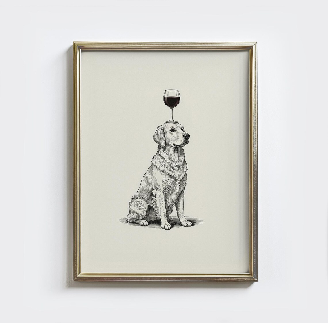 Golden Retriever Wine Glass Vintage Dog Art Print