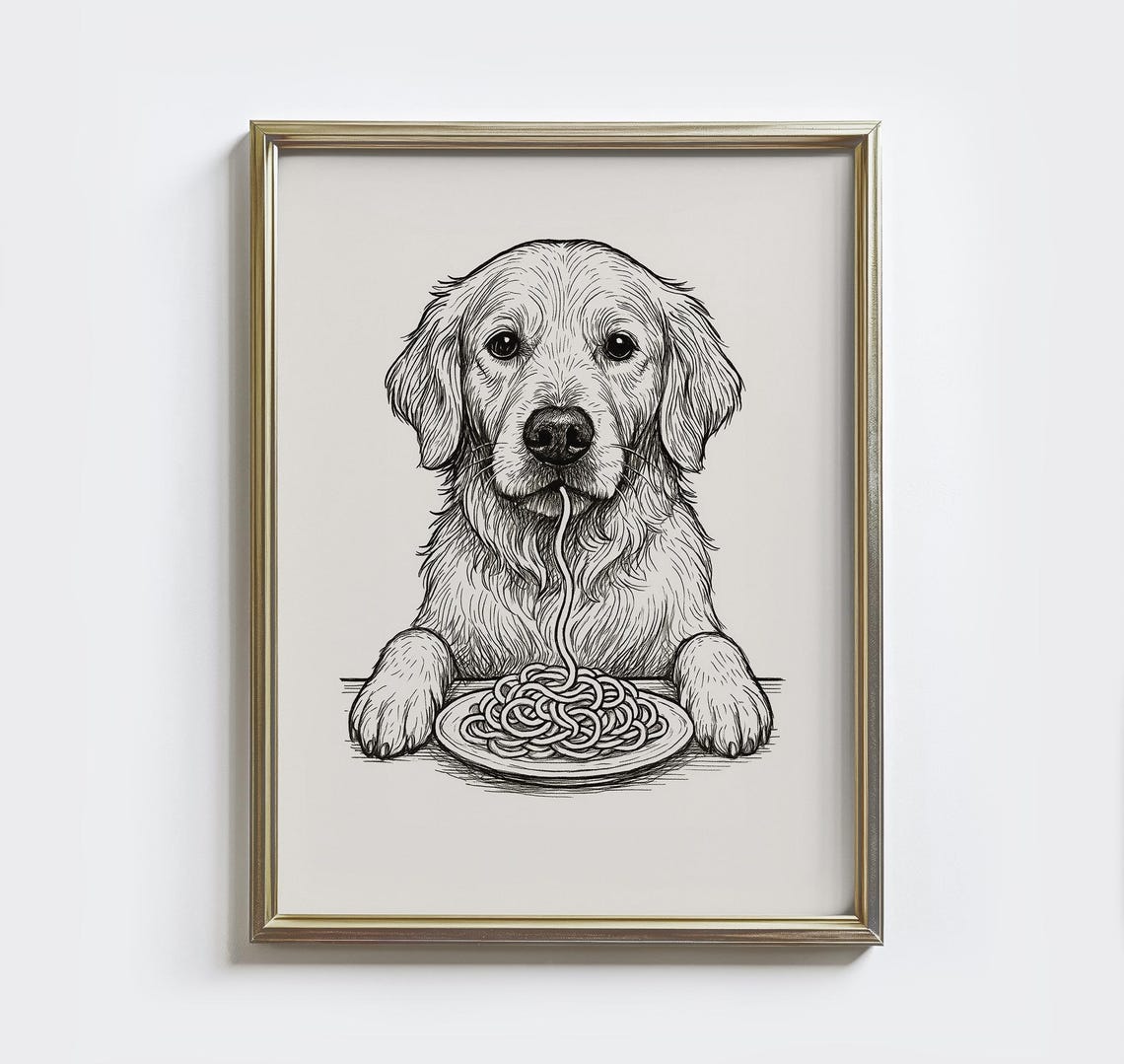 Golden Retriever Eating Spaghetti Funny Sketch Kitchen Wall Poster