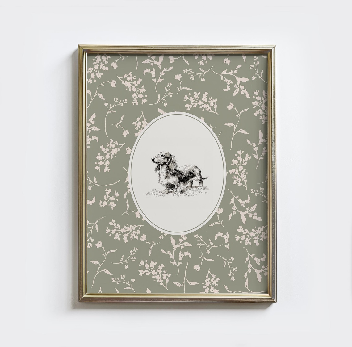 Long Haired Dachshund Vintage Botanical Floral Art Print