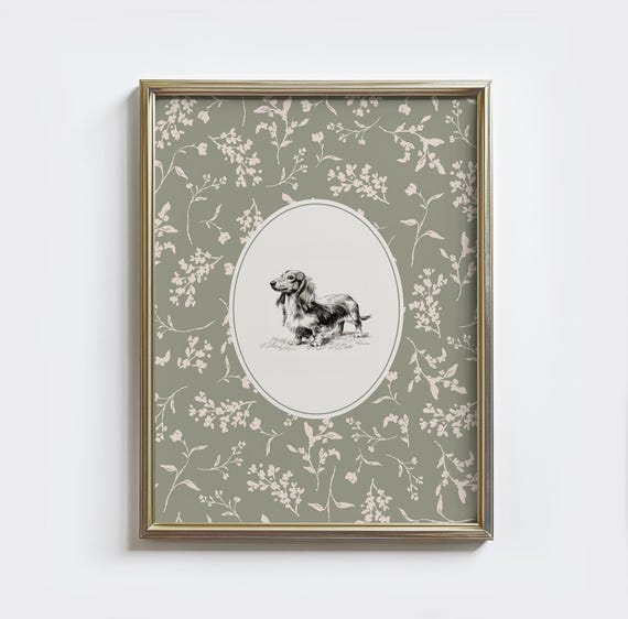 Long Haired Dachshund Vintage Botanical Floral Art Print
