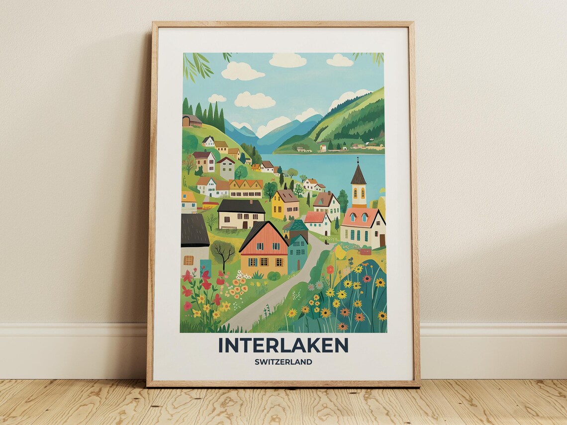 Interlaken Lakeside Village with Wildflower Meadows Travel Poster
