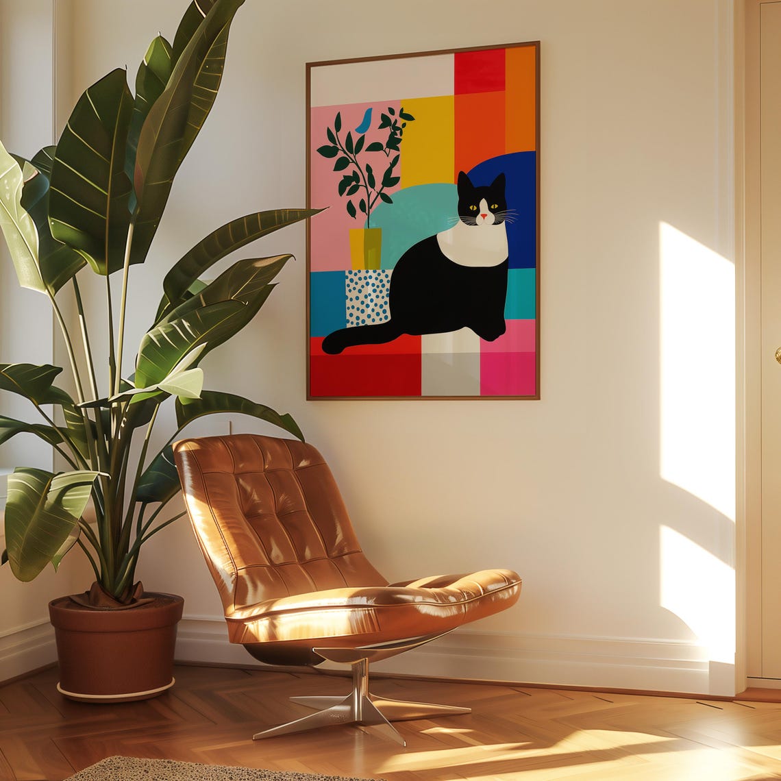 Black and White Cat Against Colorful Geometric Blocks Art Print - Image 3
