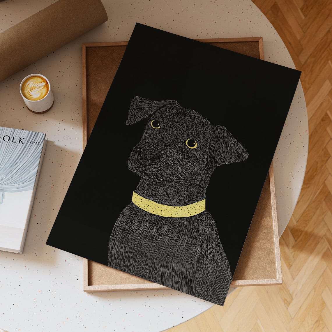 Black Dog Portrait With Golden Eyes And Yellow Collar On Dark Poster - Image 4