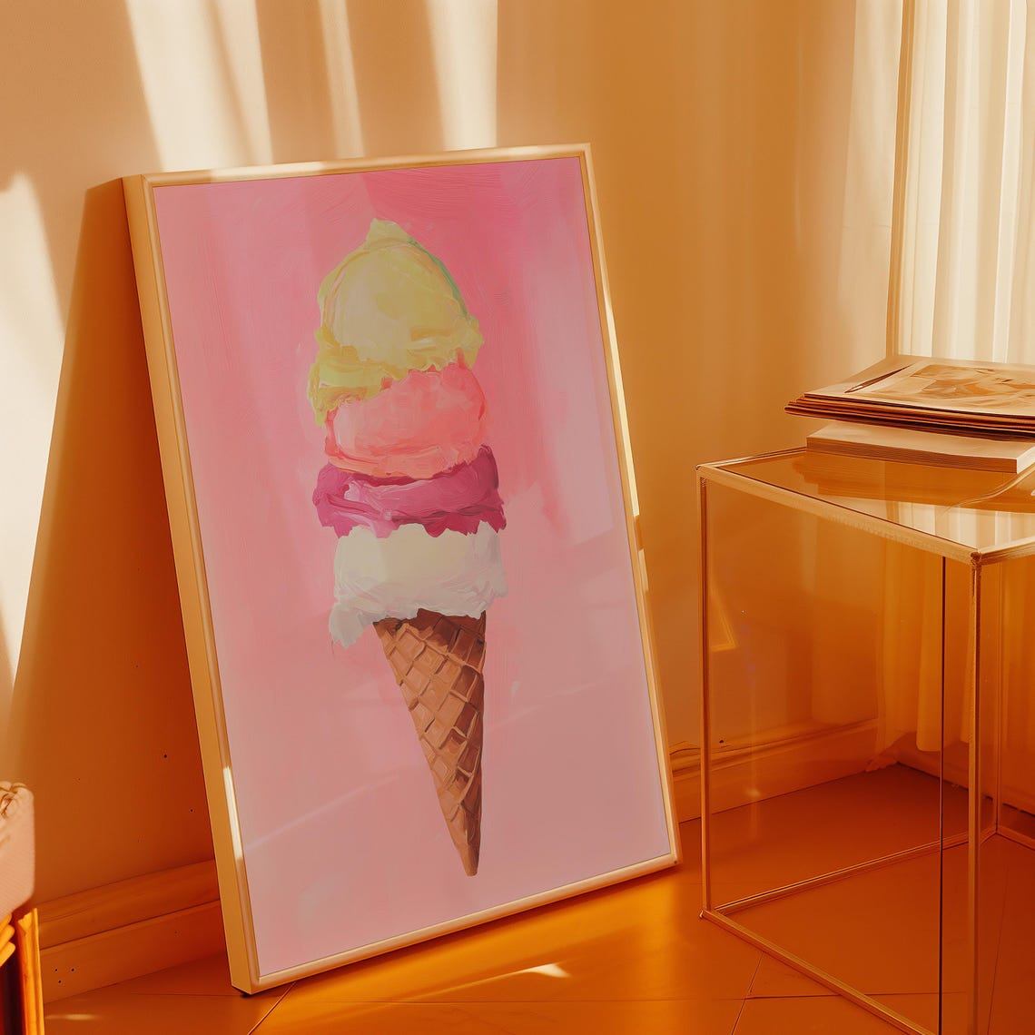 Triple Scoop Pastel Ice Cream Cone On A Pink Painterly Art Poster - Image 3
