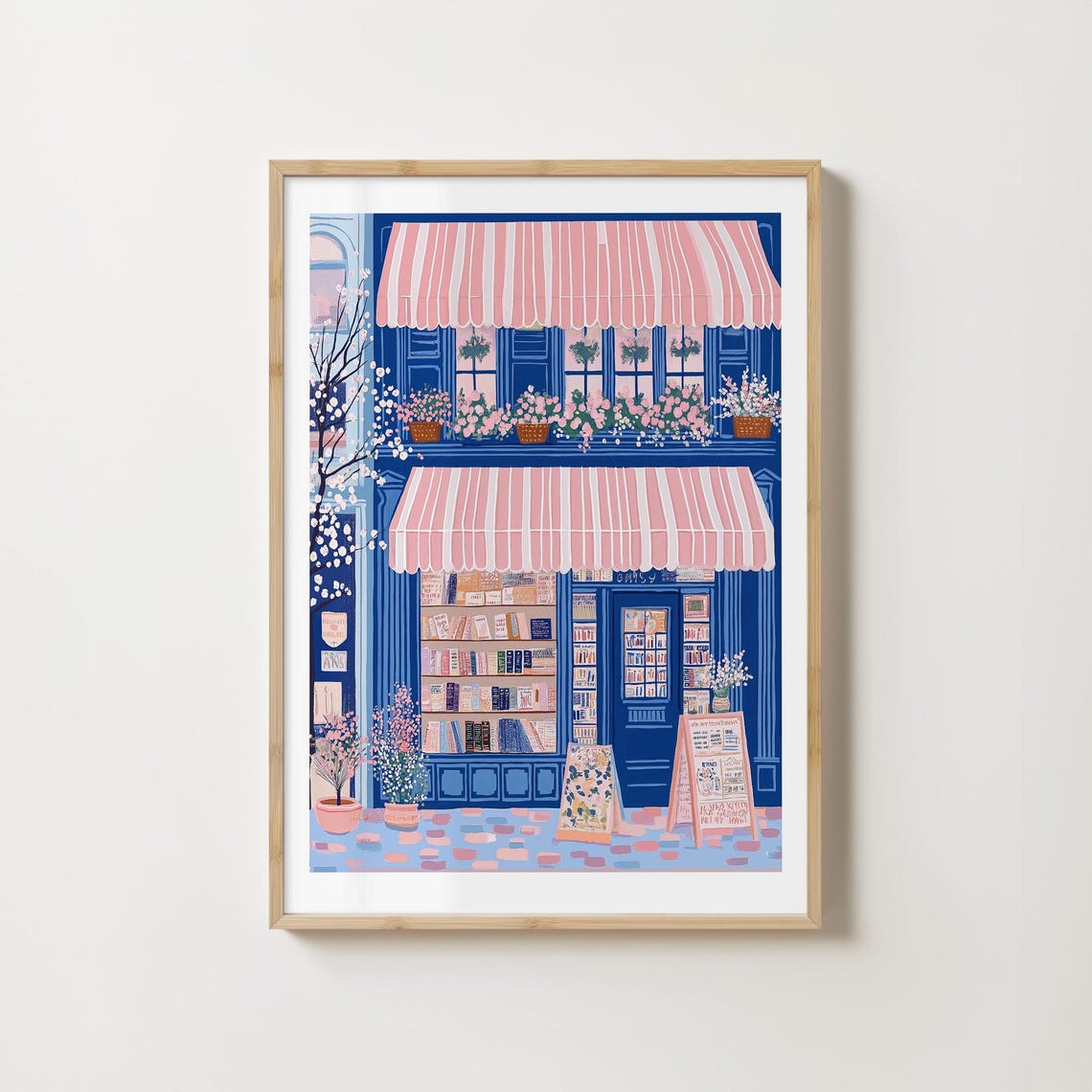 Blue Bookshop With Double Pink Awnings And Blossom Tree Street Poster - Image 4