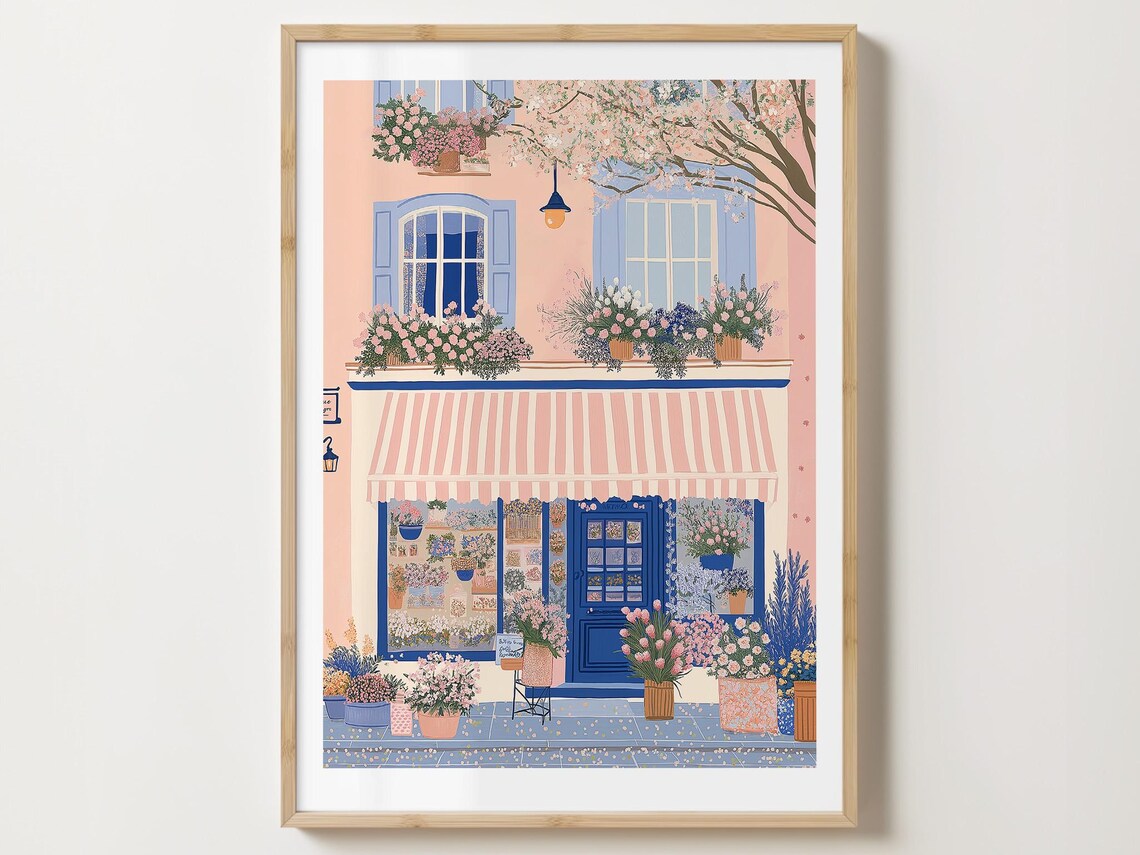 Parisian Flower Shop Facade With Blue Door and Striped Awning Print