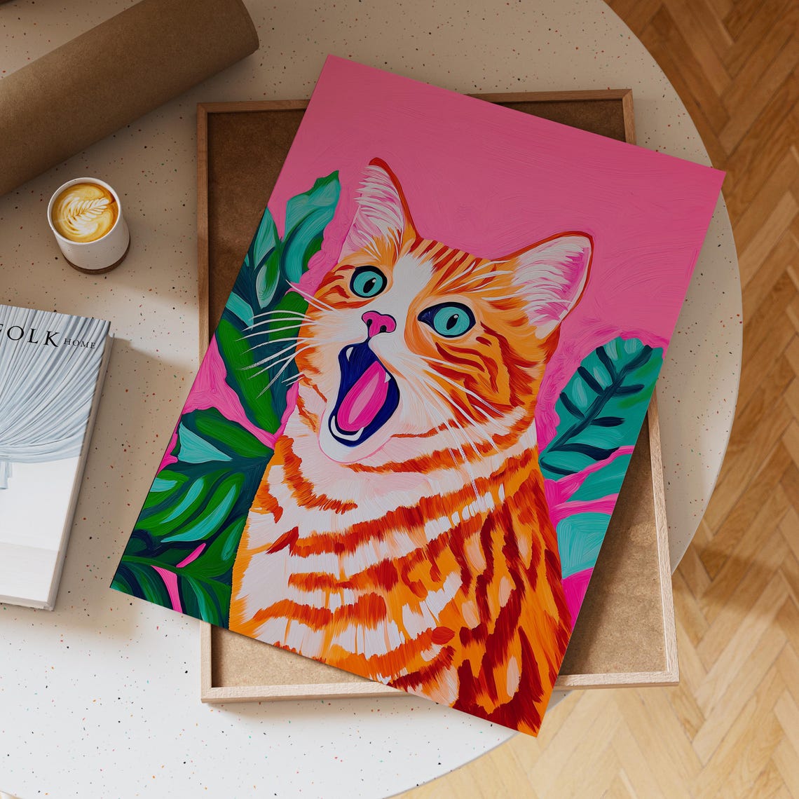 Yawning Orange Tabby Cat With Big Blue Eyes On Pink Art Poster - Image 4