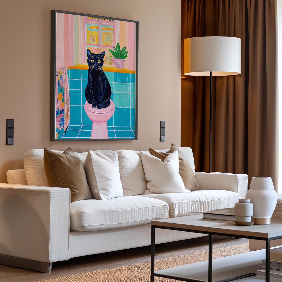Black Cat on Pink Toilet Seat in a Teal Tiled Bathroom Poster - Image 4