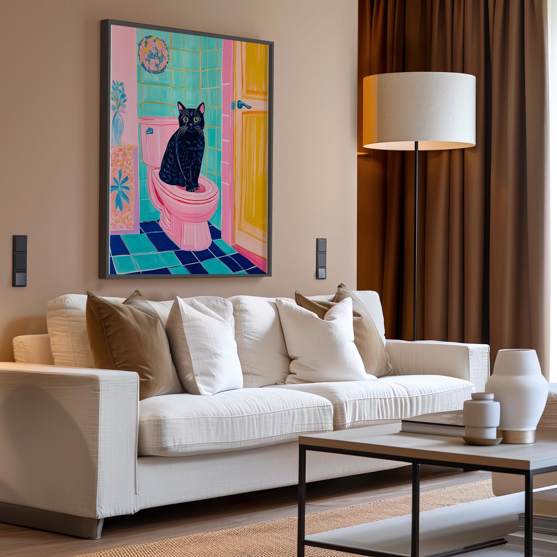Black Cat on a Pink Toilet in a Colorful Retro Bathroom Poster - Image 2
