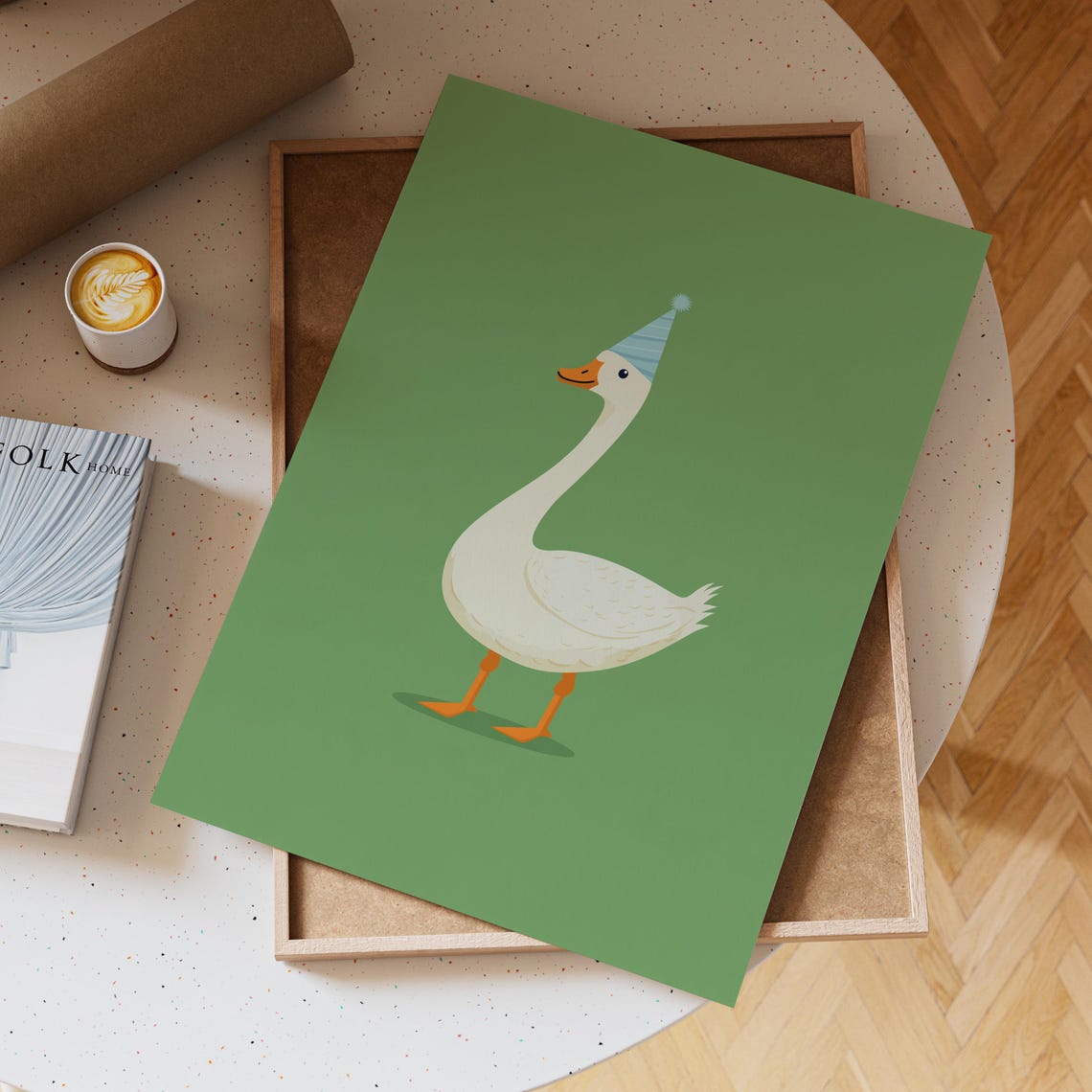 White Goose In A Party Hat Standing On Green Background Poster - Image 6
