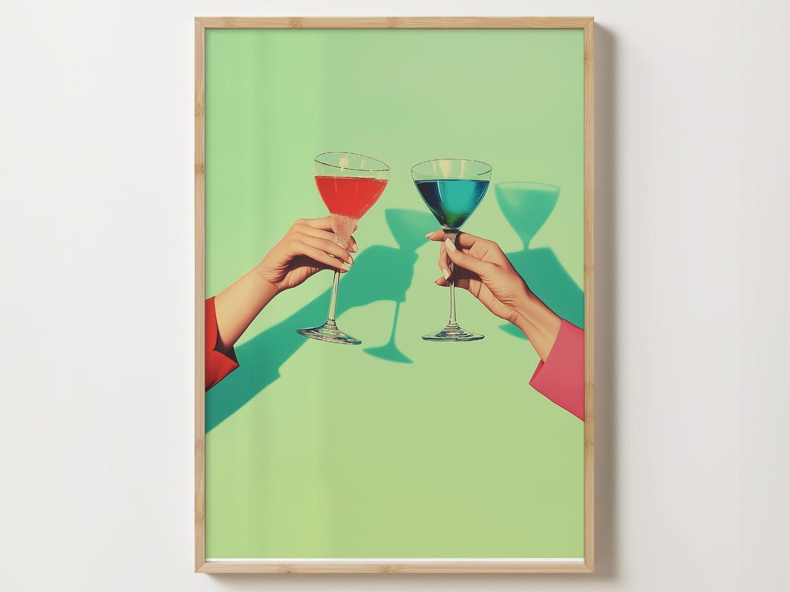 Two Hands Toasting With Red And Blue Cocktails On Green Poster