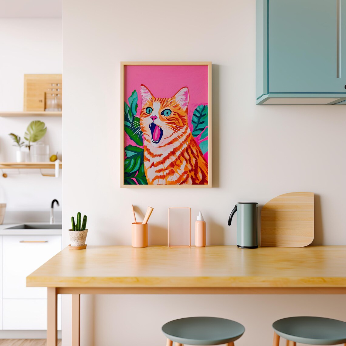 Yawning Orange Tabby Cat With Big Blue Eyes On Pink Art Poster - Image 6