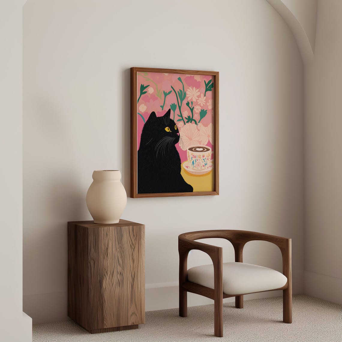 Black Cat Beside A Coffee Cup On A Pink Floral Background Poster - Image 3