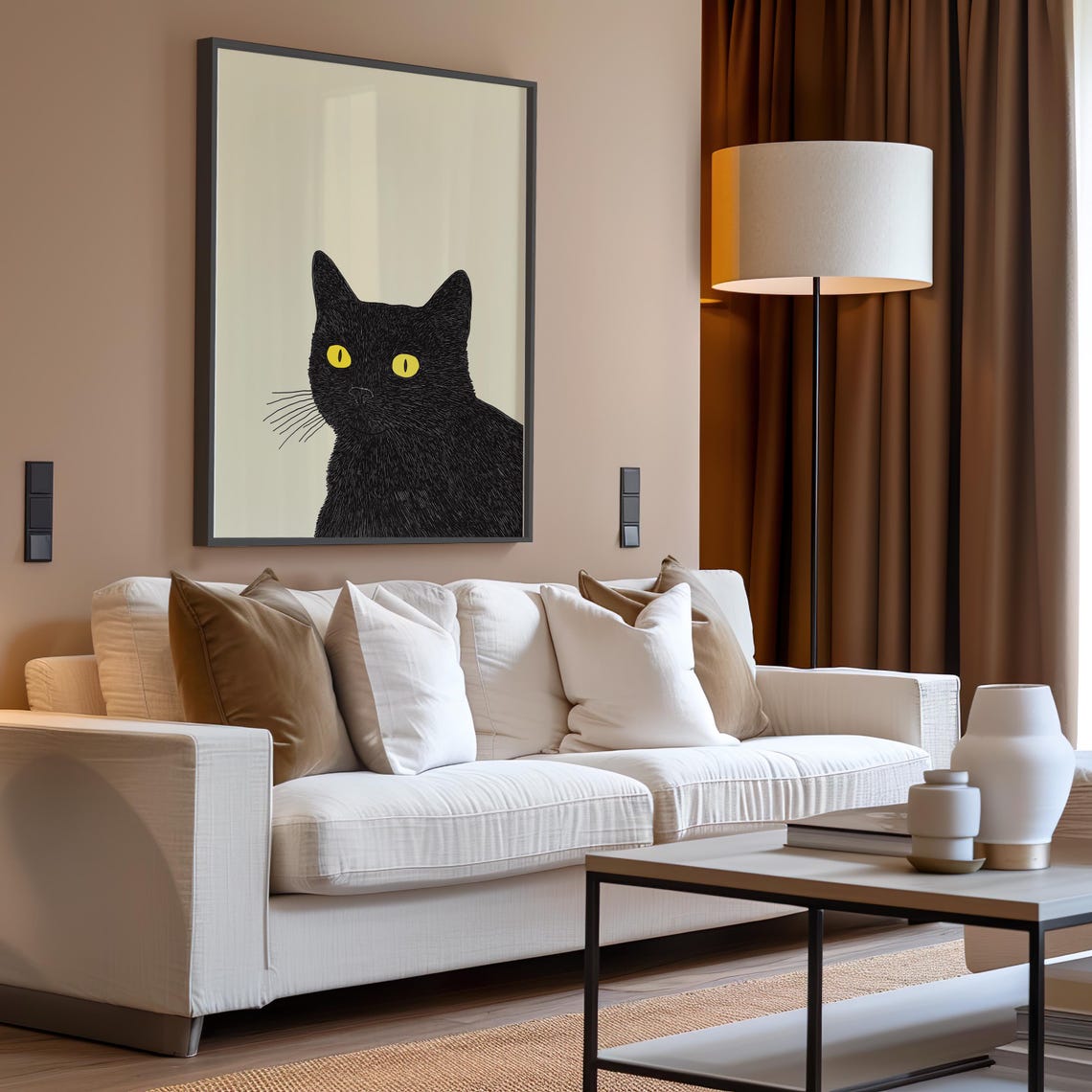 Black Cat Face With Bright Yellow Eyes Minimal Cream Art Poster - Image 5