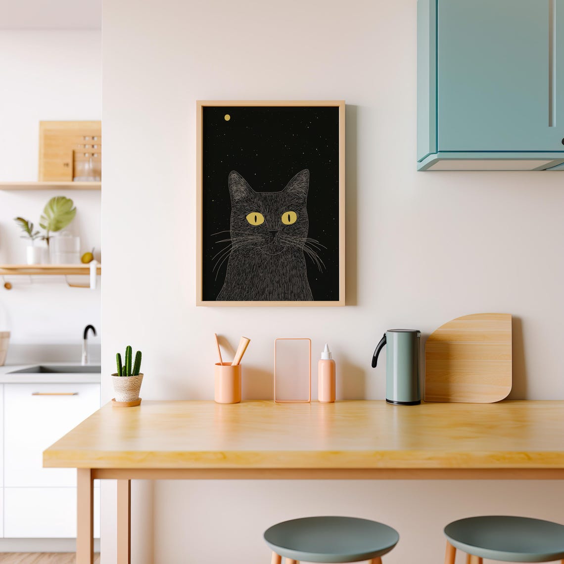 Black Cat With Yellow Eyes Staring Under A Starry Night Sky Poster - Image 3