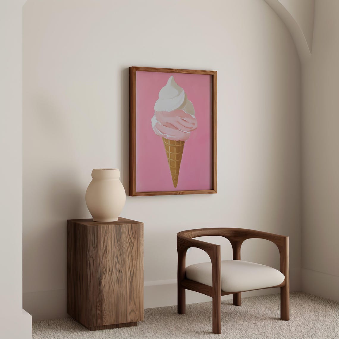 Strawberry And Vanilla Soft Serve Ice Cream Cone On Pink Wall Poster - Image 5
