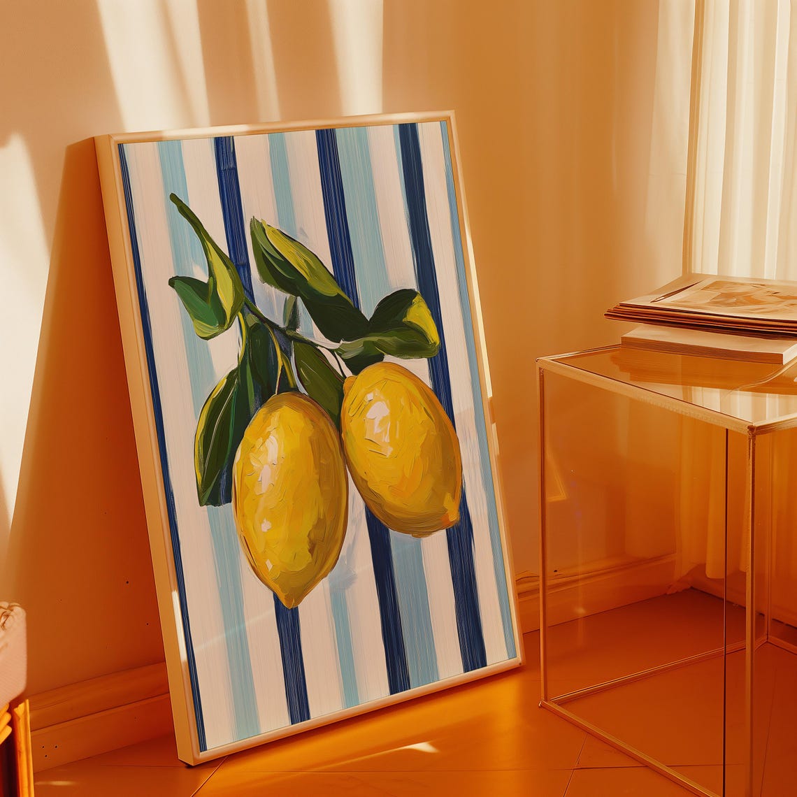 Two Ripe Yellow Lemons On A Branch Over Blue Striped Canvas Poster - Image 2