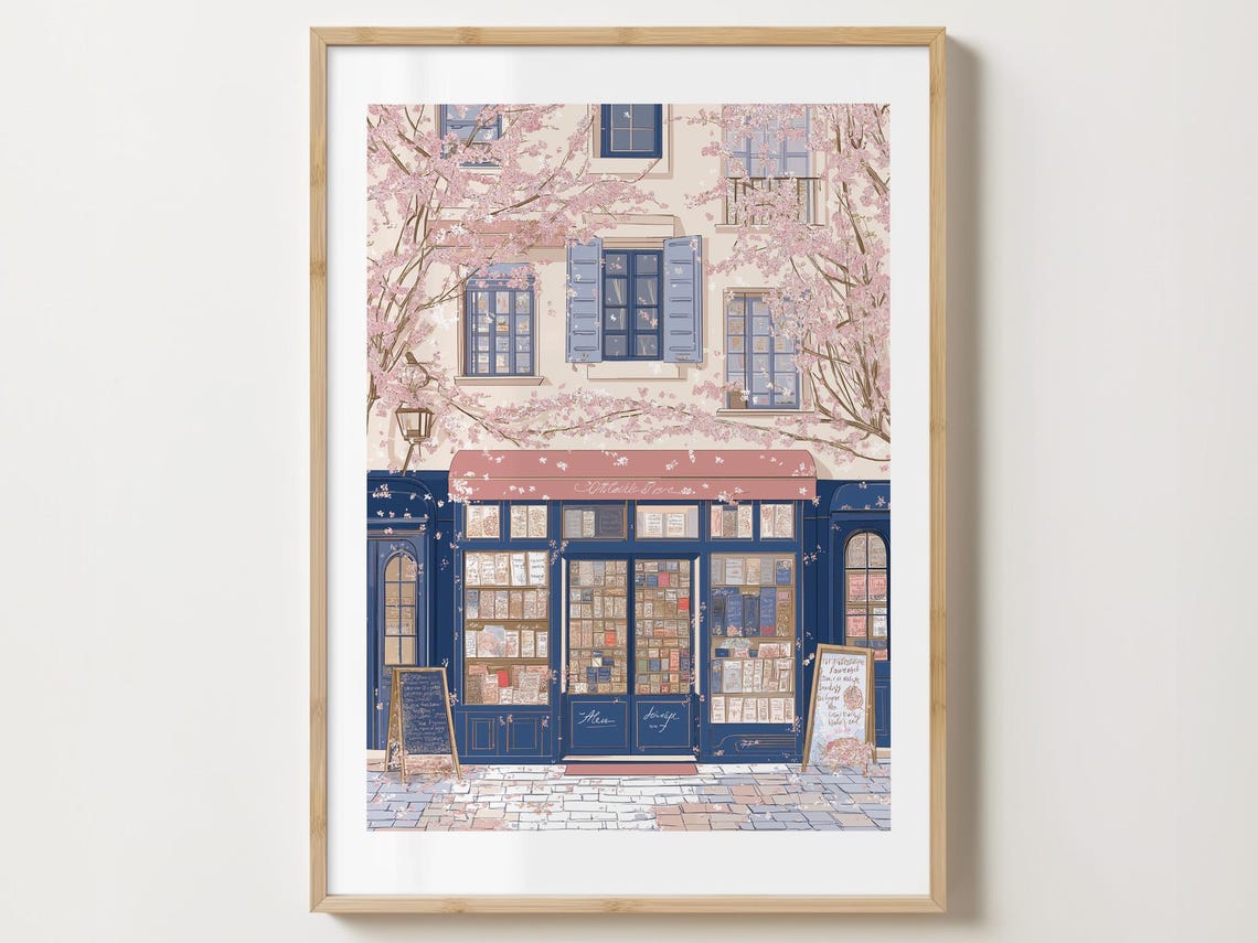 Charming Bookshop Storefront with Spring Blossoms Art Poster