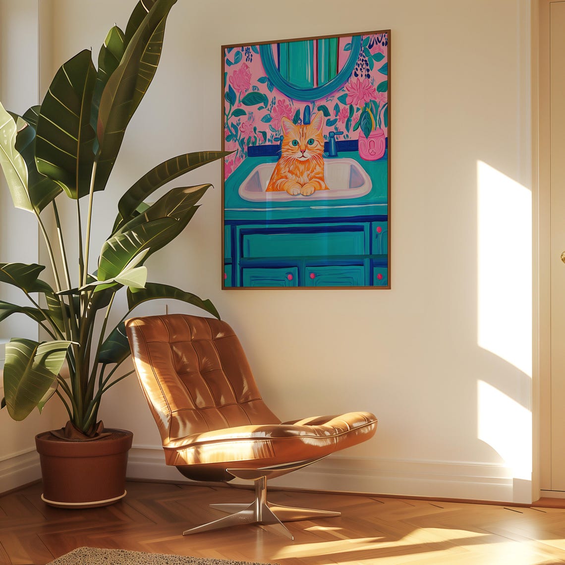 Cheerful Orange Tabby Cat Sitting in a Teal Bathroom Sink Poster - Image 3