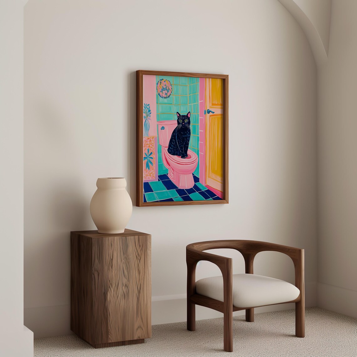 Black Cat on a Pink Toilet in a Colorful Retro Bathroom Poster - Image 6