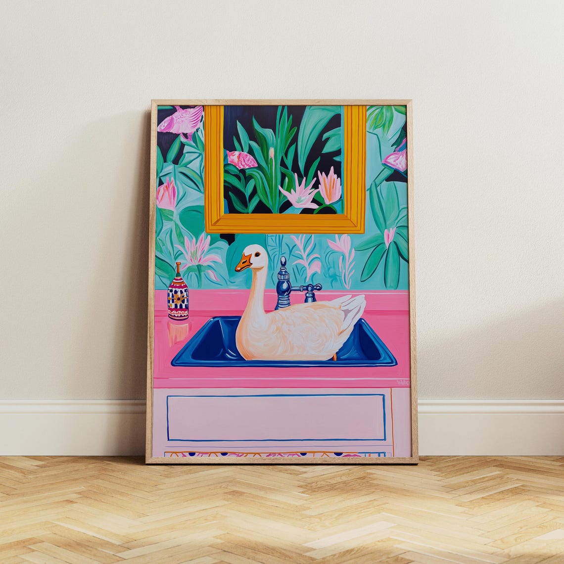 White Goose Bathing In A Blue Sink Inside A Pink Bathroom Poster - Image 5