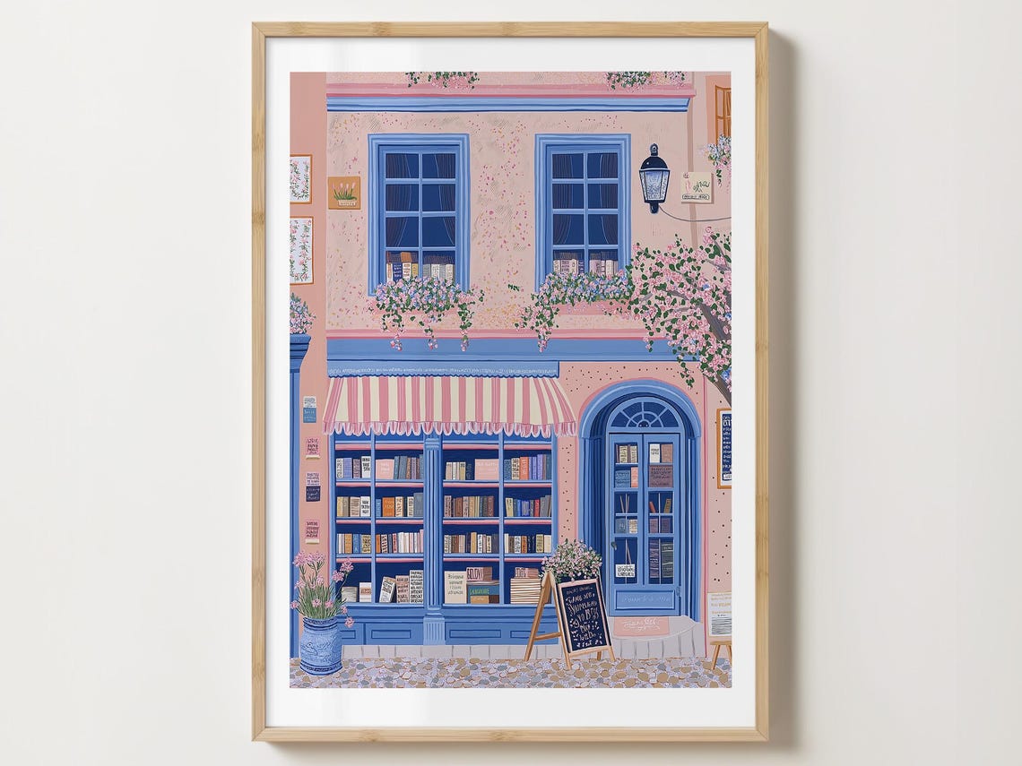 Blue Bookshop Facade With Striped Awning And Blossom Tree Art Poster