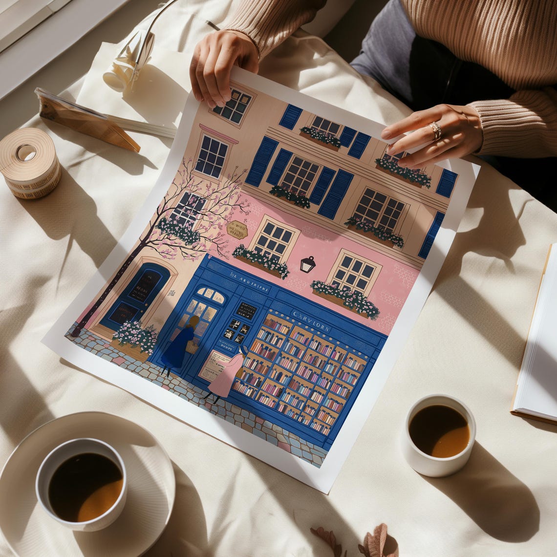 Pink Parisian Bookshop Storefront With Blue Facade Illust Art Poster - Image 6