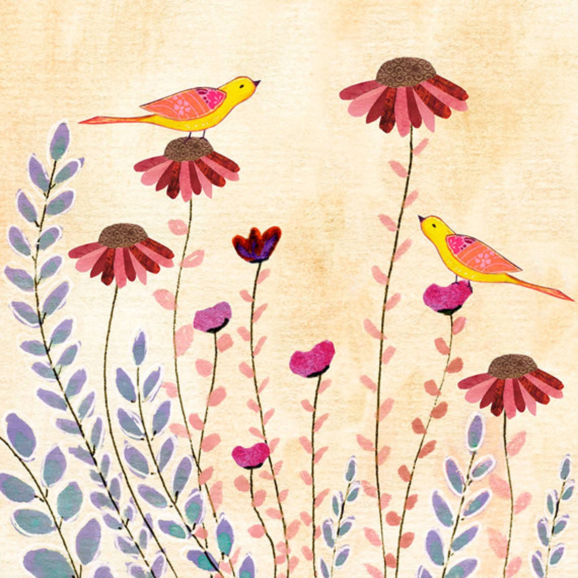 Two Yellow Birds Resting on Pink Coneflowers in a Vintage Poster