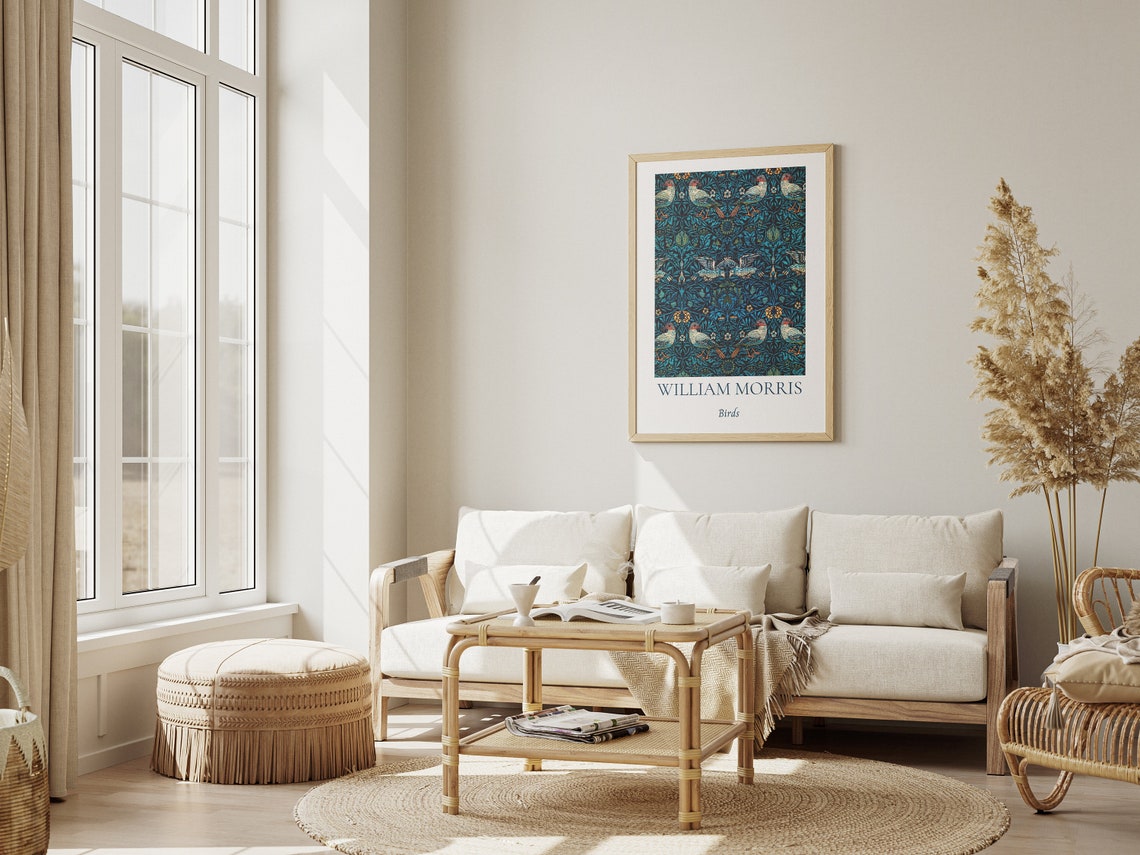 William Morris Birds Dark Navy Tapestry Pattern Exhibition Wall Art - Image 5