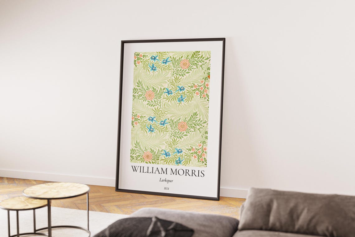William Morris Larkspur Green Blue Floral Pattern Exhibition Wall Art - Image 6