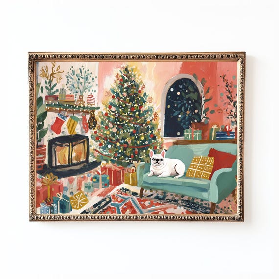 French Bulldog On Teal Sofa Christmas Tree Festive Dog Poster