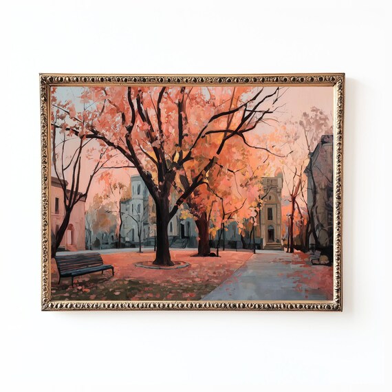Autumn City Park Painting, Rustic Urban Landscape
