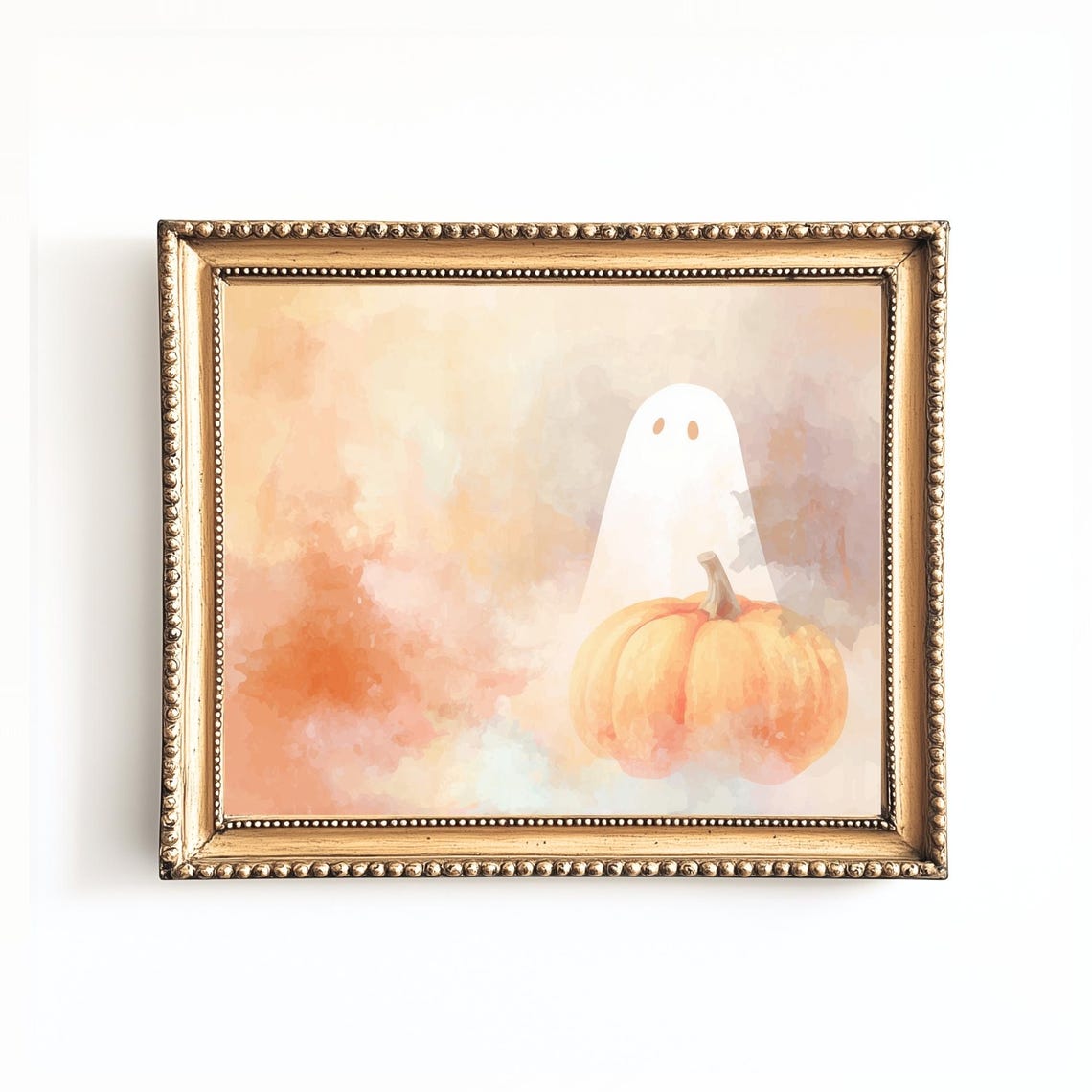 Cute Ghost Behind Pumpkin Pastel Watercolor Halloween Nursery Poster