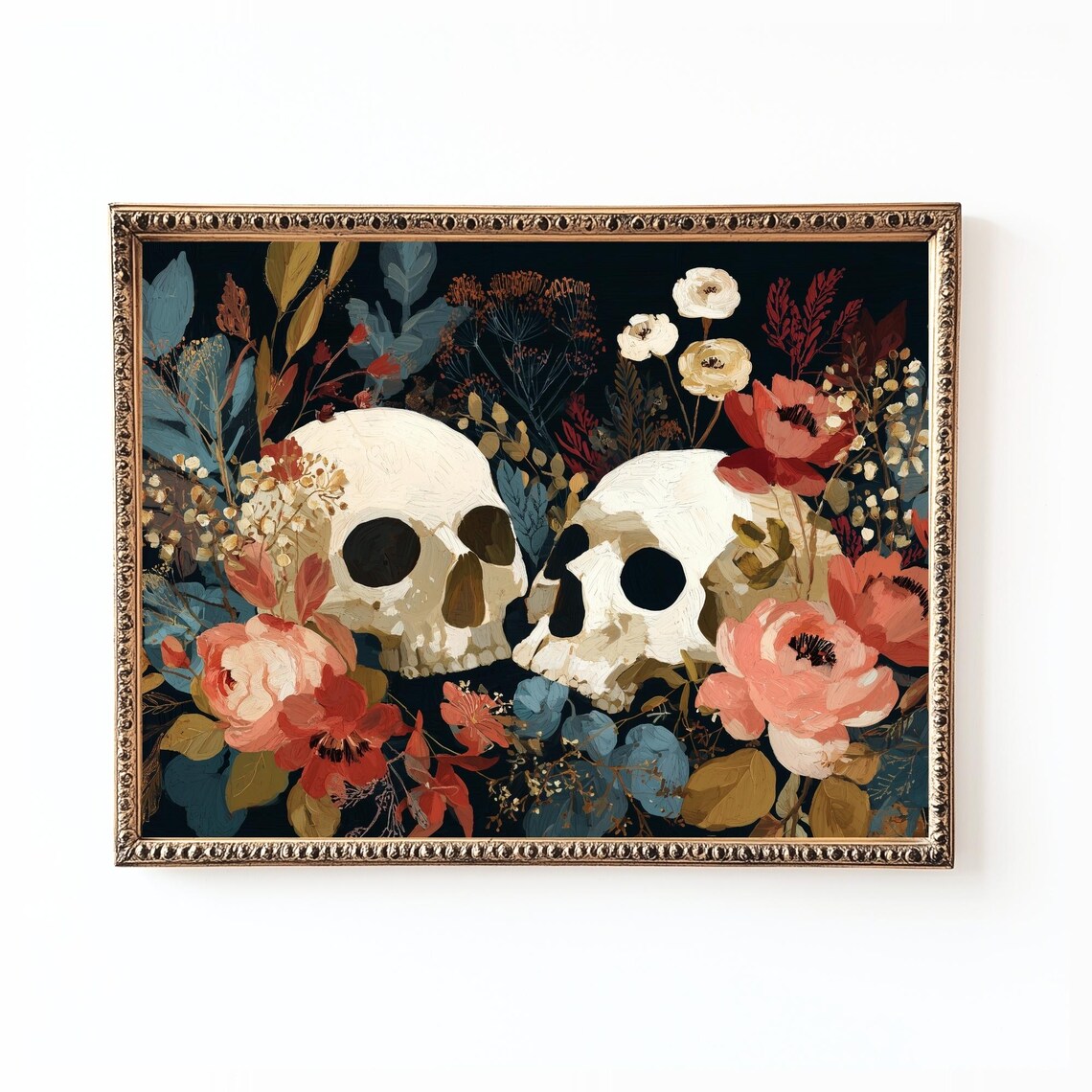 Gothic Skull Halloween Dark Floral Art Print