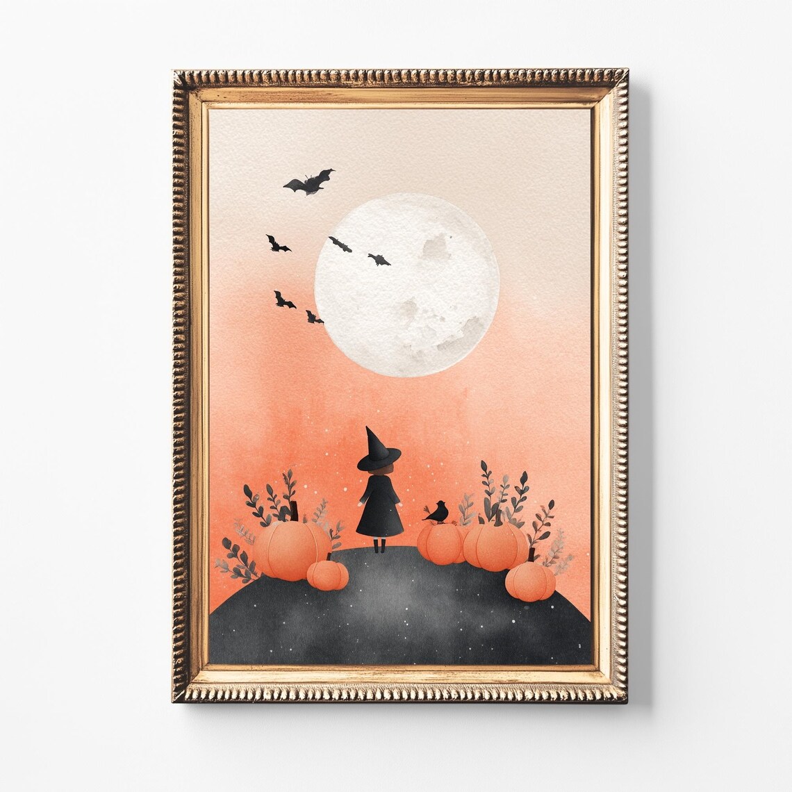 Little Witch Pumpkins And Full Moon Watercolor Halloween Art Poster