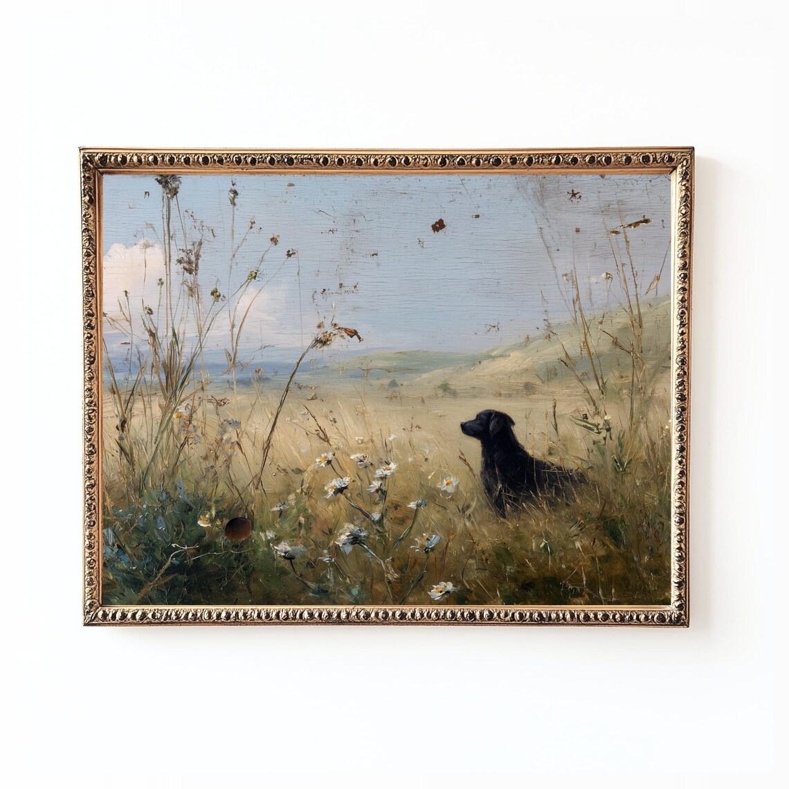 Small Black Dog in a Wildflower Meadow Vintage Pastoral Landscape Poster