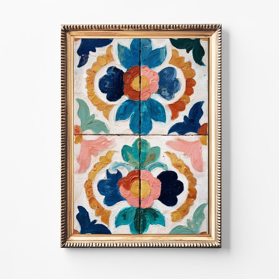 Mediterranean Floral Tile Vintage Kitchen Art Print