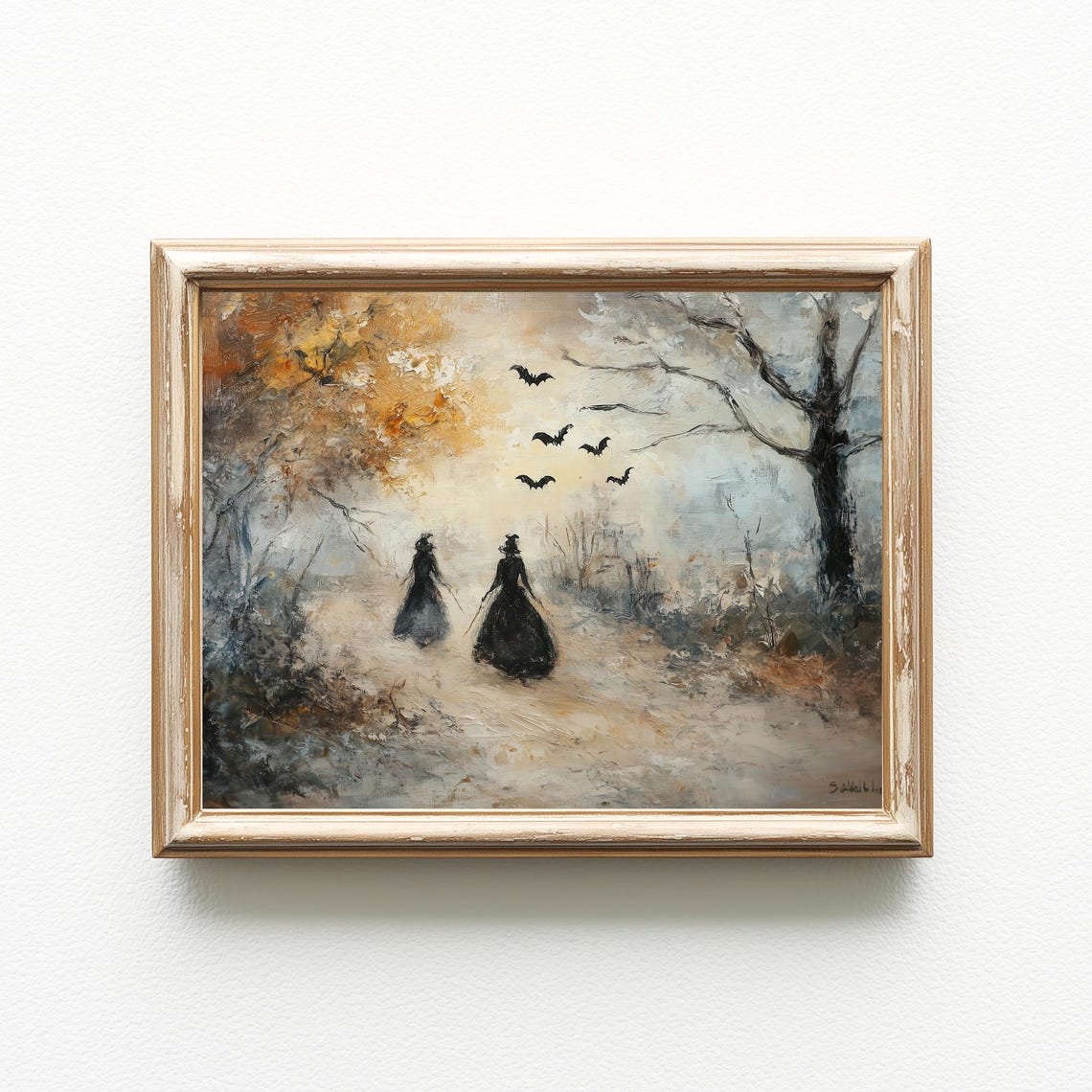 Two Witches Autumn Path Vintage Oil Painting Bats Halloween Wall Art